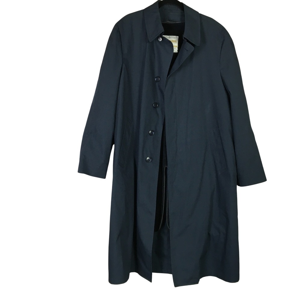 London Fog Mens Navy Blue Trench Coat Zip Out Faux Fur‎ Lining 42 Long USA Made